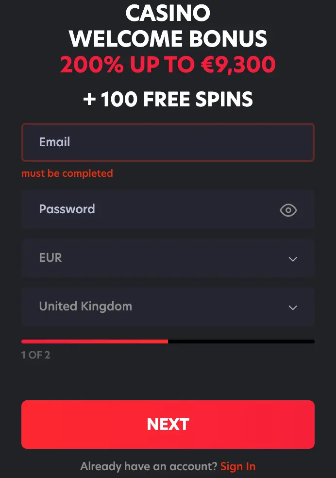 1Red Registration form