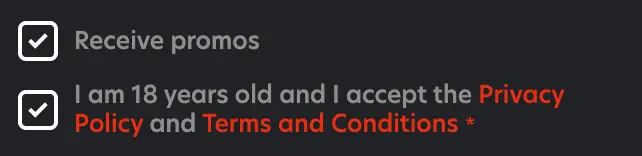 The box for accept receiving promo messages in your email and terms & conditions