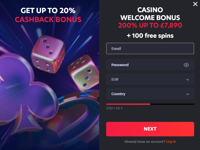 1Red Casino Sign Up Window